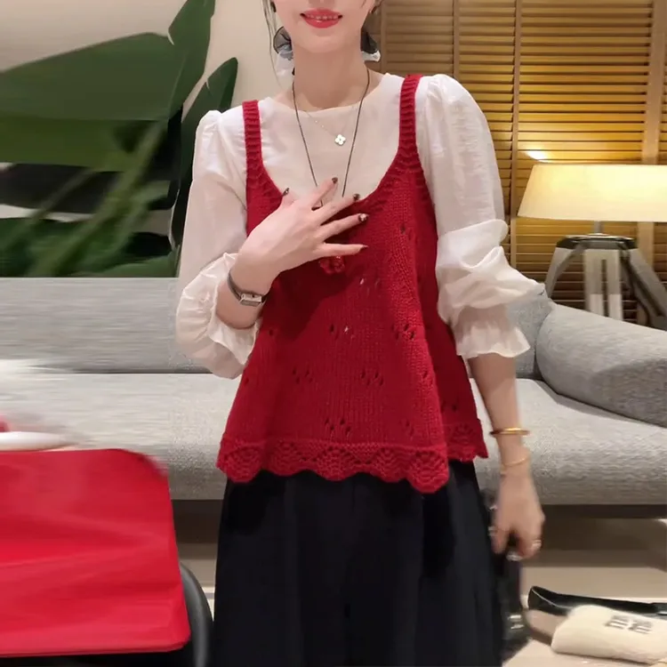 韩系氛围感穿搭针织背心长袖衬衫女装2025秋季新款宽松叠穿两件套