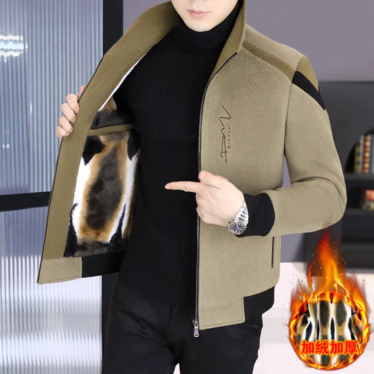 【羊毛面料】毛呢男短款立领拼接拉链外套休闲加绒加厚呢子