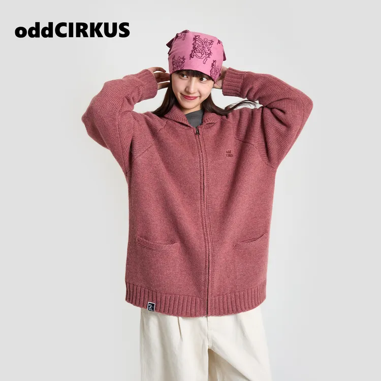 oddCIRKUS 日系宽松翻领开衫毛衣针织拉链外套男女同款新款