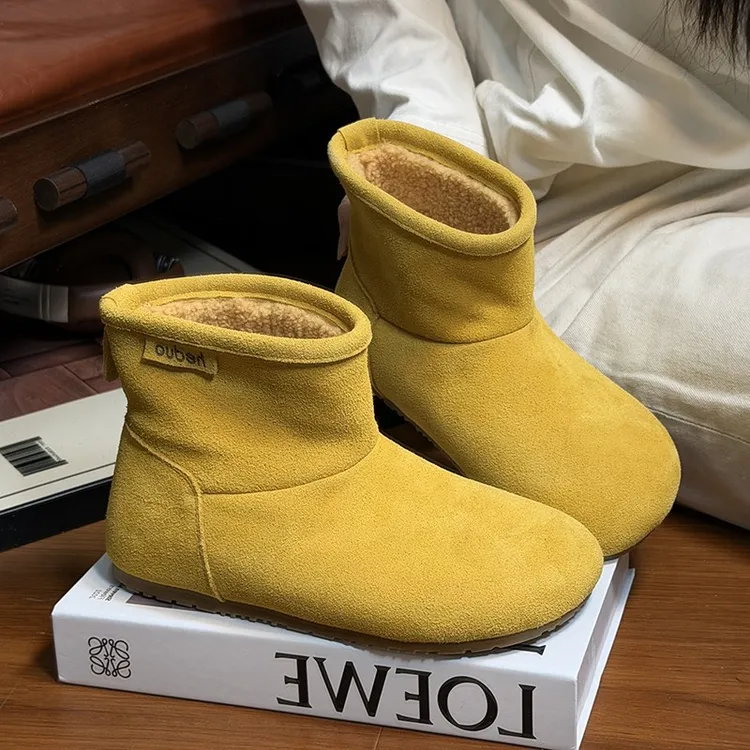 磨砂软皮加绒厚底雪地靴女2025冬季新款复古大头平底勃肯短靴潮