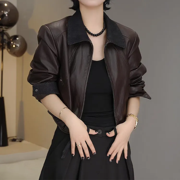 2025秋季新款女复古百搭时尚休闲短款皮衣长袖别致设计感夹克上衣