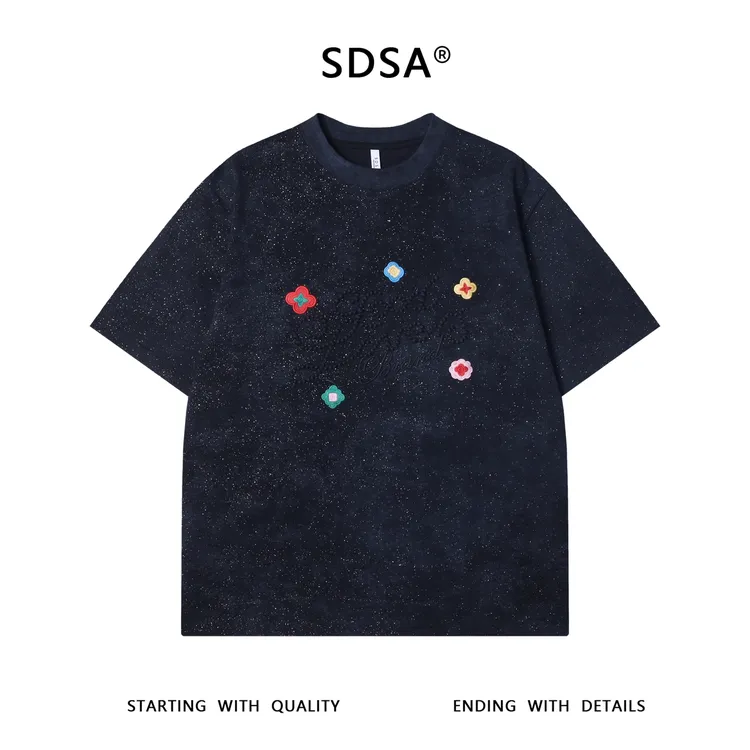 夏季高级感新款满天星刺绣字母花朵圆领短袖T恤百搭情侣设计上衣