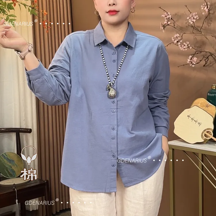 纯棉磨毛净版双扣方领长袖衬衫气质百搭宽松显瘦休闲上衣85182