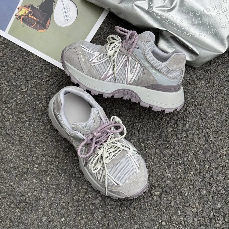 2026春季新款真皮厚底透气网面阿甘鞋时尚百搭舒适显高休闲老爹鞋