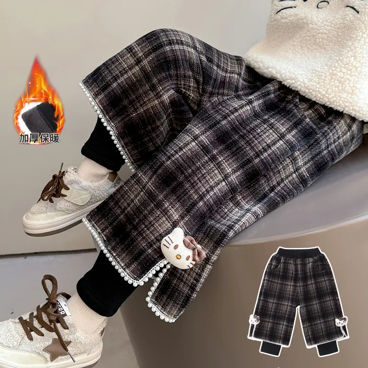 【假两件】女童加绒裤子2025新款秋冬季儿童一体绒外穿长裤阔腿裤子