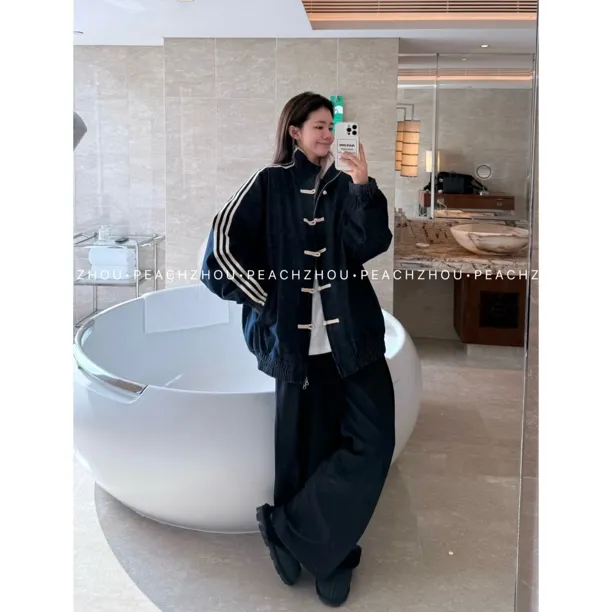 PEACHZHOU 三条杠羊毛新中式盘扣宽松廓形男女同款立领牛仔外套