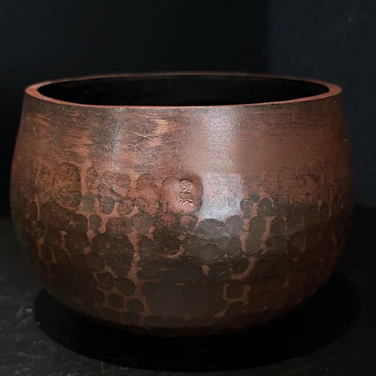 日本回流老铜磬，手工锤打蜂窝纹理，带款 口径12，高9.5，重440克 