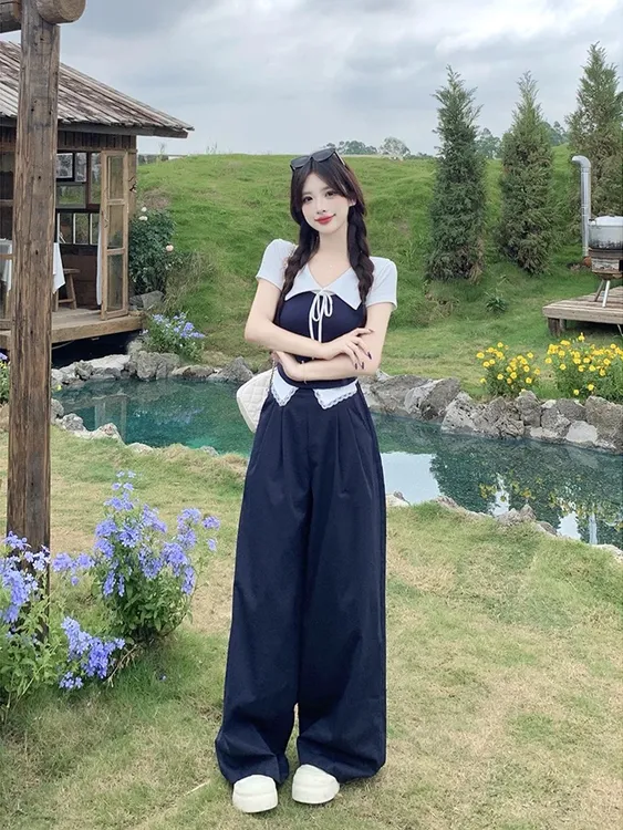 大码胖mm夏季新款宽松休闲气质女装百搭遮肉T恤藏蓝裤子上衣套装