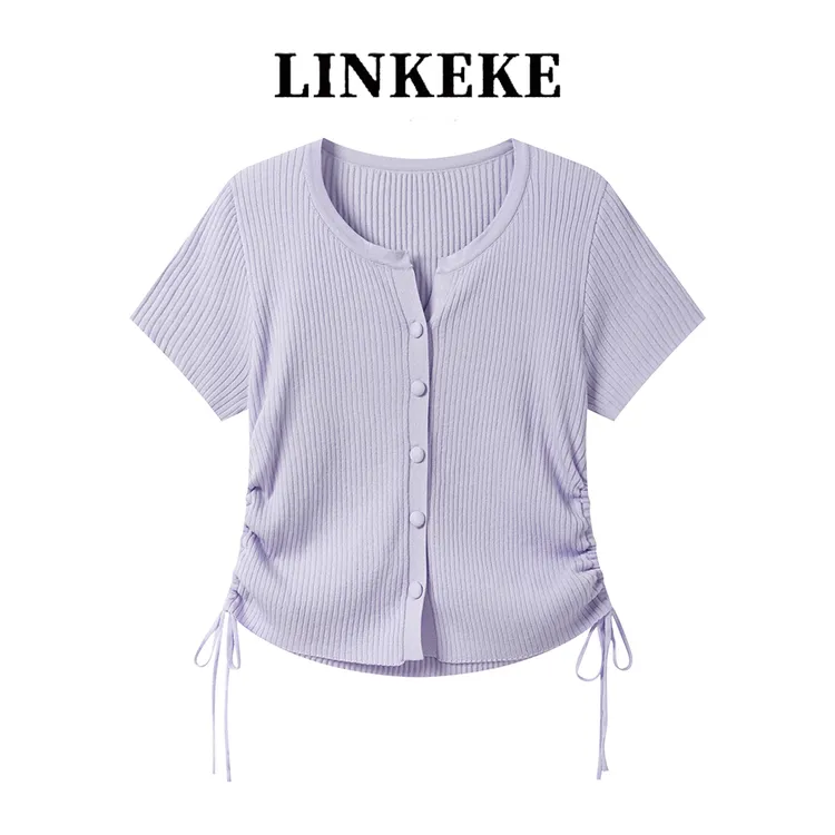 夏季2025新款通勤紫色抽绳条纹短袖开衫圆领修身显瘦针织T恤上衣