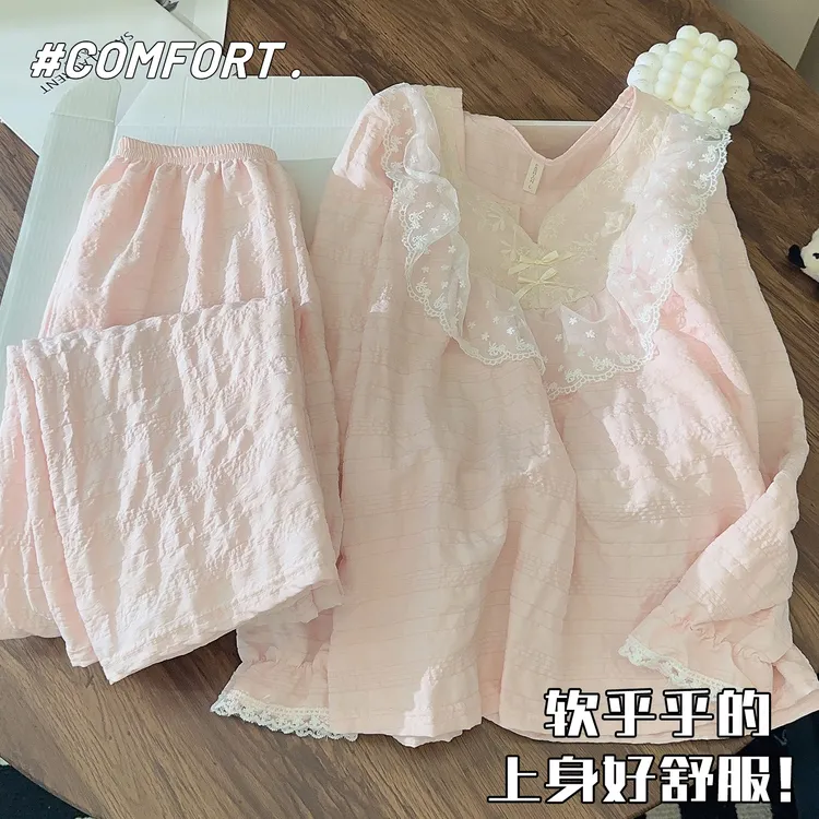 甜美风睡衣女云朵棉长袖春秋季温柔蕾丝花边套装新款秋冬天家居服