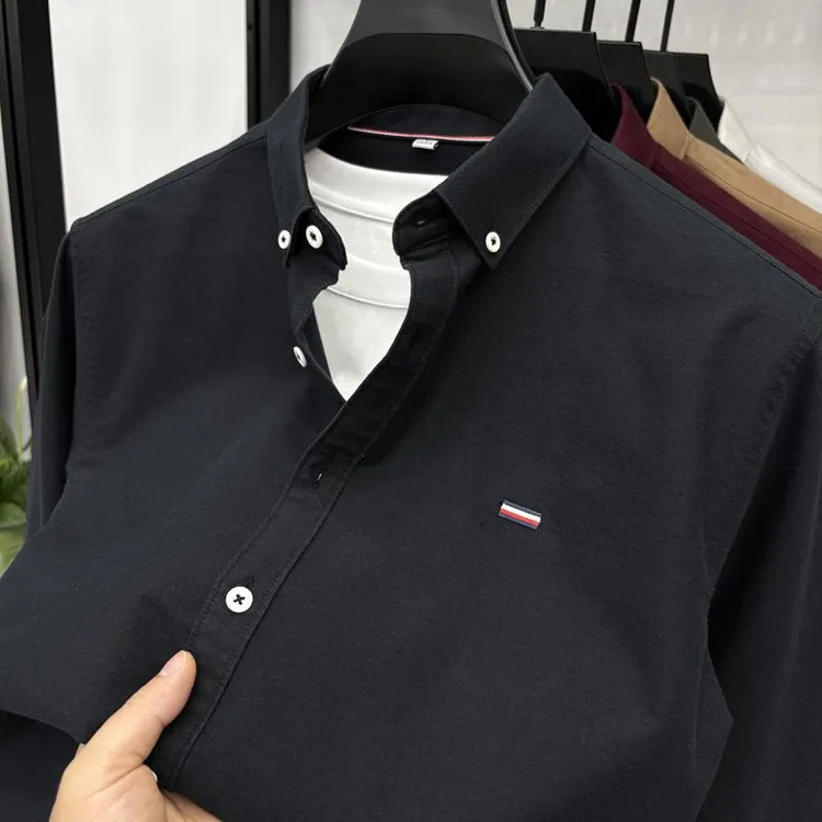 John Bunni牛津纺100%纯棉长袖衬衫男士春秋刺绣时尚休闲纯色衬衣