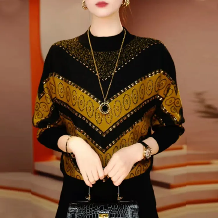 高档时尚洋气半高领蝙蝠袖针织衫秋冬新款宽松显瘦烫钻毛衣打底衫