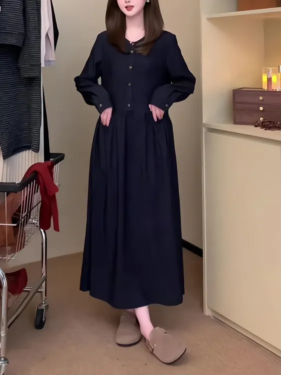 梨型身材穿搭高级感休闲连衣裙女春秋设计感宽松气质洋气百搭长裙