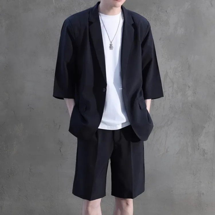 夏季新款短袖西服三件套装男生西装外套搭配五分小西裤三件套男士