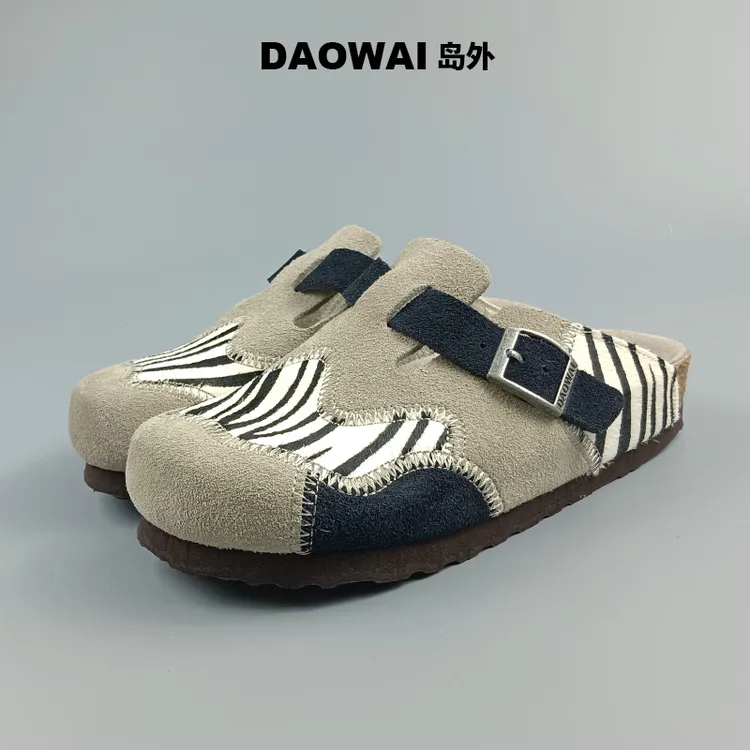 【私人订制】岛外DAOWAI软木包头拖鞋复古时尚拼接反毛牛皮博肯鞋
