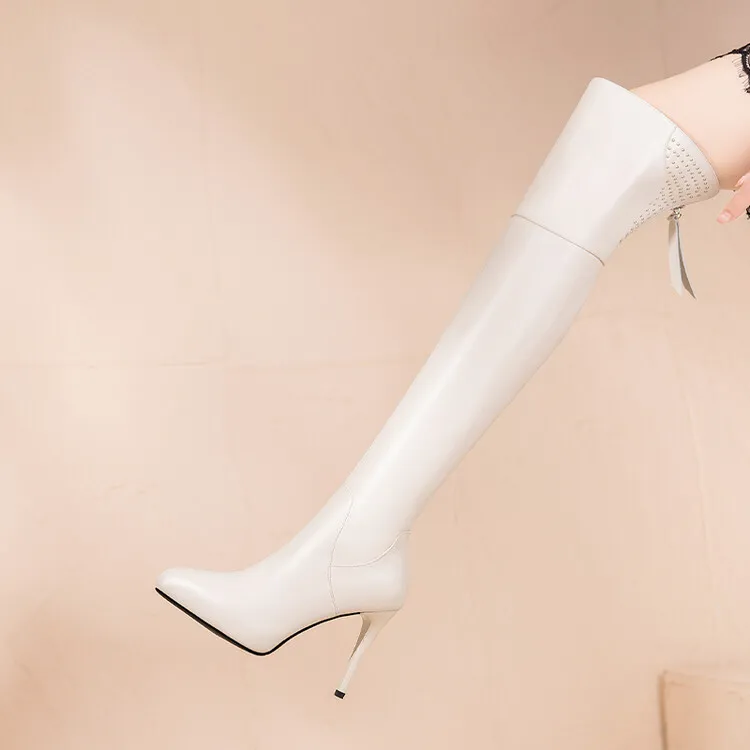 全真皮过膝新款高筒靴女显瘦尖头细高跟防水台长靴长筒靴骑士靴