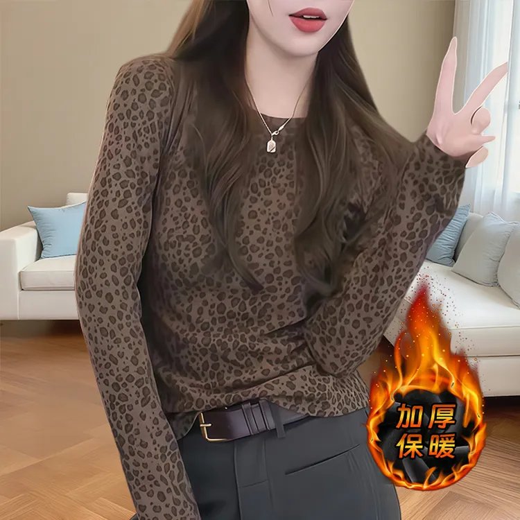欧货爆款豹纹T恤女装2025秋季新款修身长袖上衣洋气内搭打底衫女