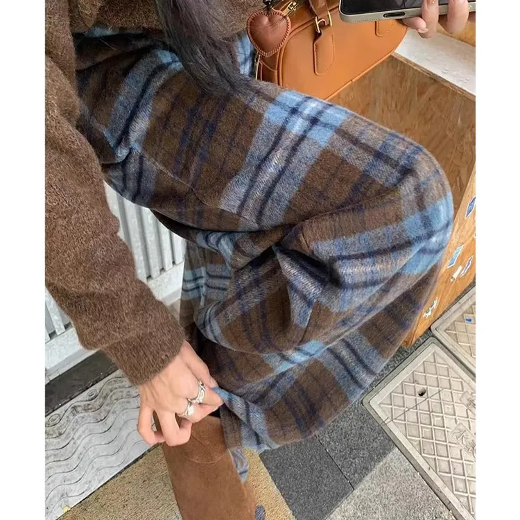 蓝色毛呢格子阔腿裤女秋冬韩版网红高腰直筒裤宽松百搭休闲拖地裤