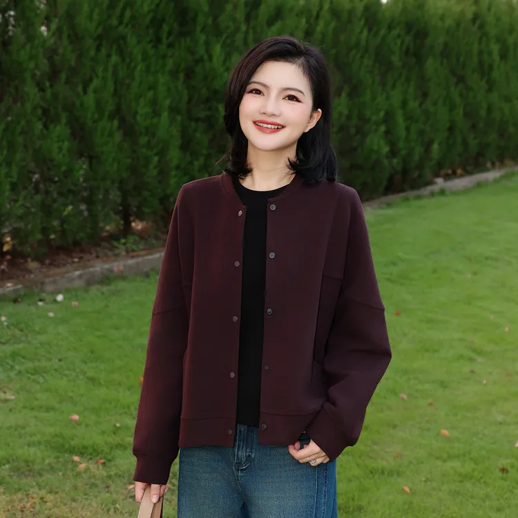 枫竺阿楠anan圆领纯色加厚卫衣外套女秋冬休闲长袖圆领棒球服上衣