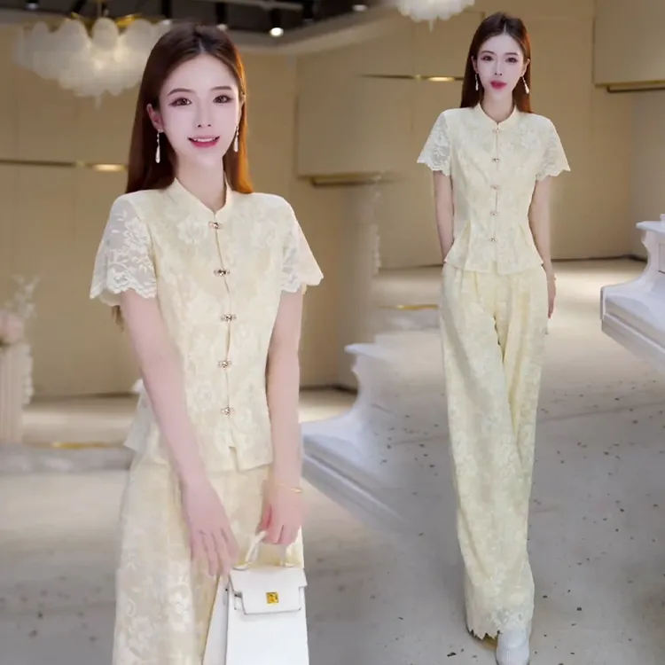 复古简约休闲套装女2025年夏季新款显瘦遮肉上衣高腰直筒裤两件套