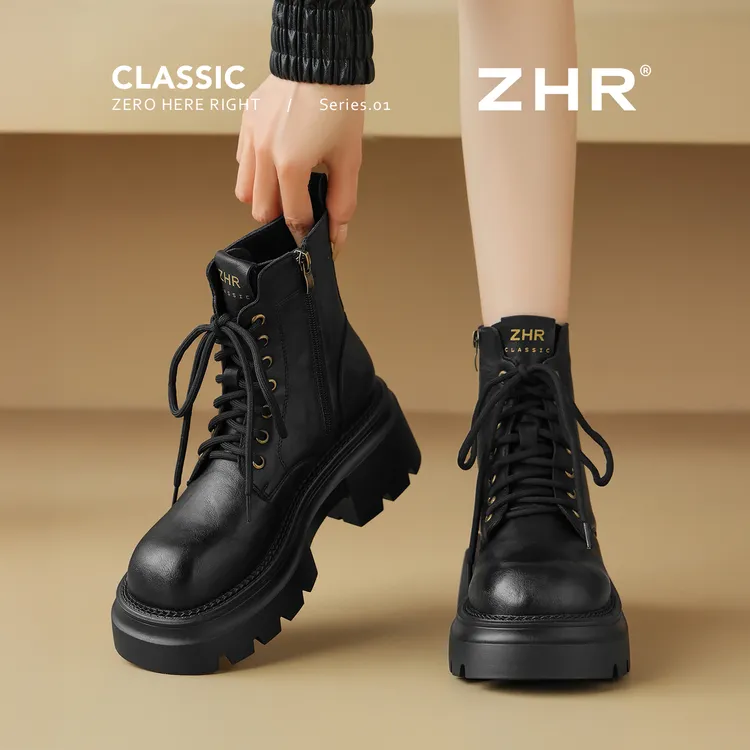 靴子女款爆款2025新款马丁靴圆头骑士靴显瘦增高百搭系带短靴女靴