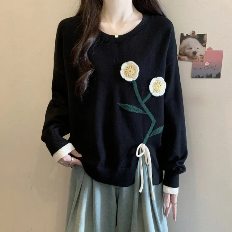 大码慵懒风立体花朵开叉毛衣女春秋胖MM宽松显瘦洋气长袖针织上衣