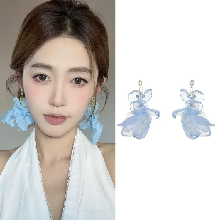 oushipei/欧诗佩 铜合金布艺耳饰  仙气网纱花朵耳环花瓣流苏耳钉