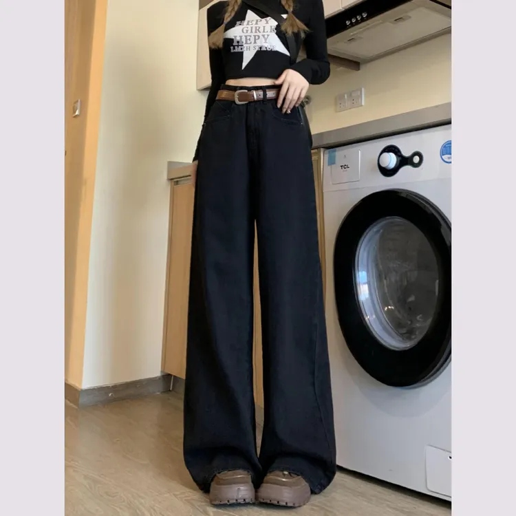 黑色阔腿牛仔裤女夏季新款大码宽松高腰遮胯显瘦百搭直筒拖地裤子