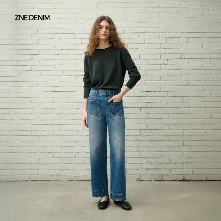 ZNE jeans 平衡法式复古前后双口袋直筒微喇九分牛仔裤TRP8081