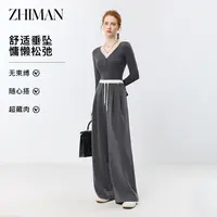 至漫ZHIMAN斜纹压褶拼接腰头休闲裤女2025新款小个子直筒阔腿长裤