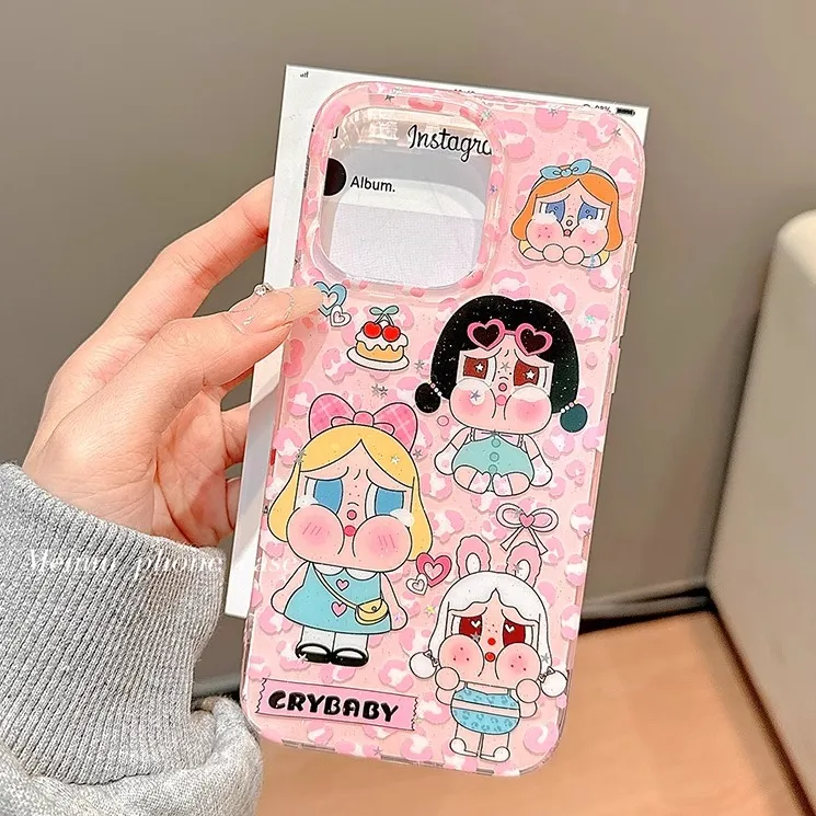 甜酷少女细闪粉色豹纹哭娃适用苹果17promax手机壳iPhone16PM
