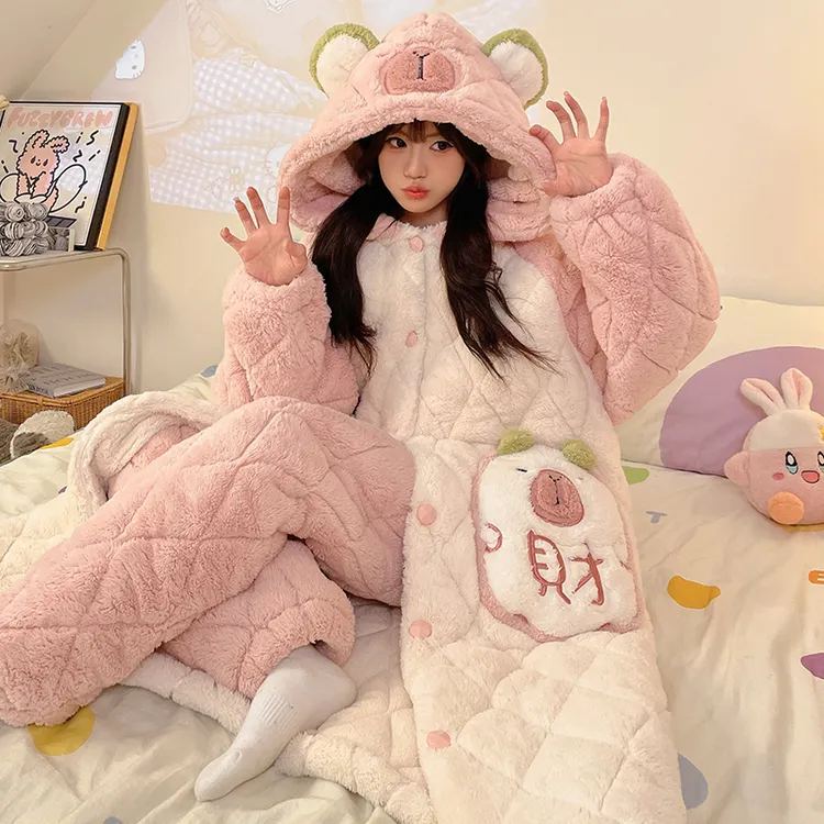 零度以下加绒加厚三层夹棉睡衣保暖连帽加肥大码胖mm200斤家居服