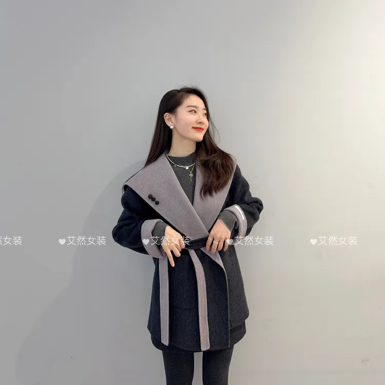 配腰带海军领大衣冬装新款女装双面呢大衣气质百搭两面穿上衣5D59
