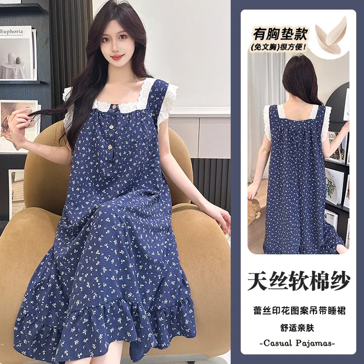 夏季薄款睡衣女2025新款爆款甜美云朵棉碎花蕾丝家居服背心睡裙