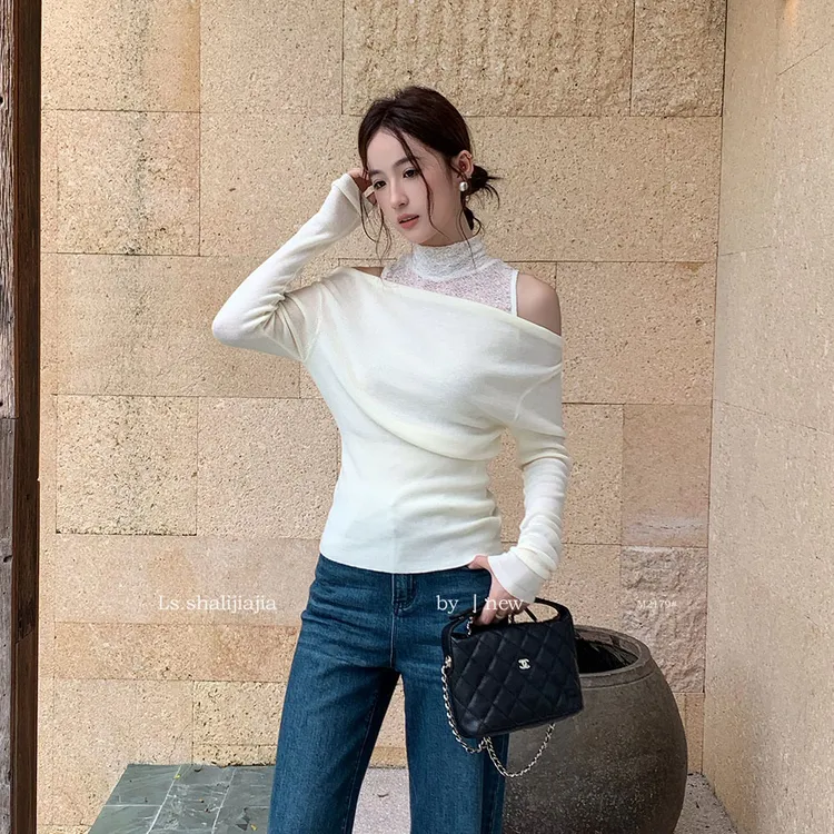 LS优雅气质蕾丝拼接圆领小衫广州十三行2025早秋新品女装上衣长袖