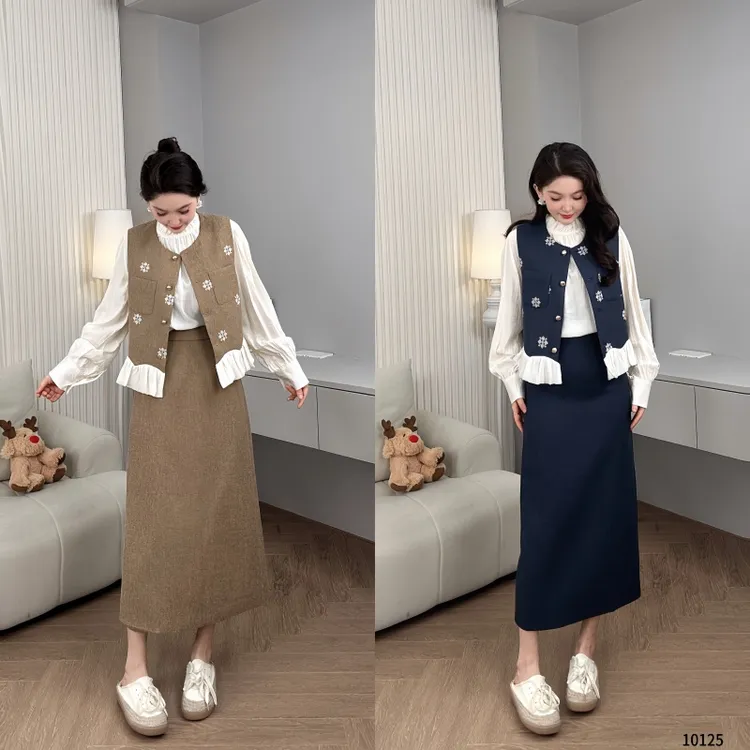 Saeda品牌女装小香风温柔刺绣马甲衬衫半身裙三件套YF10125