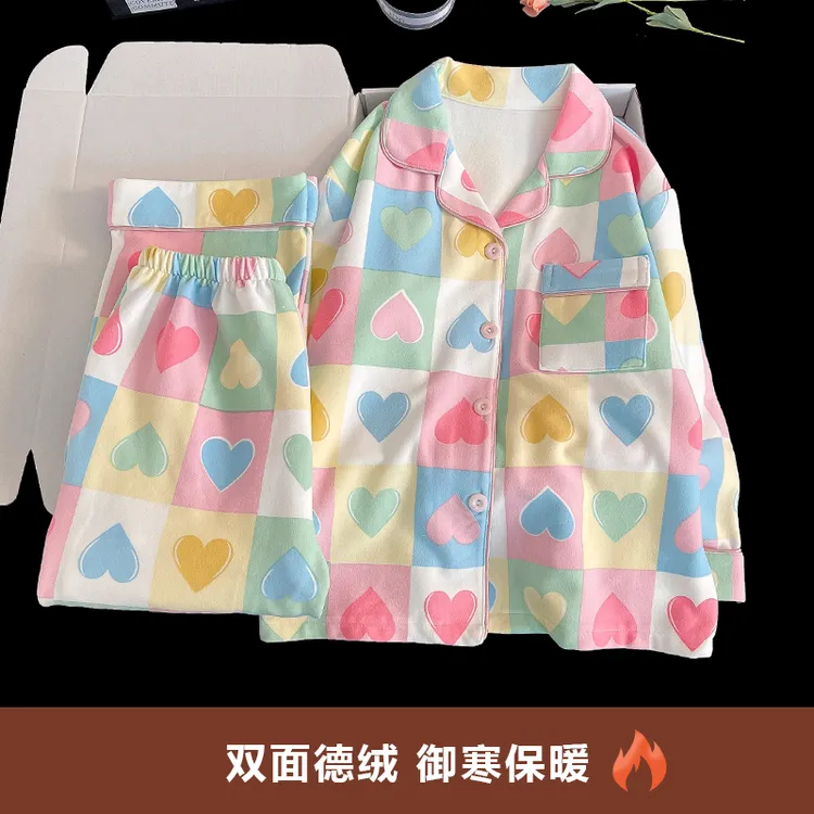 女童德绒保暖家居服中大童长袖开衫秋冬新款加厚睡衣公主风亲子装