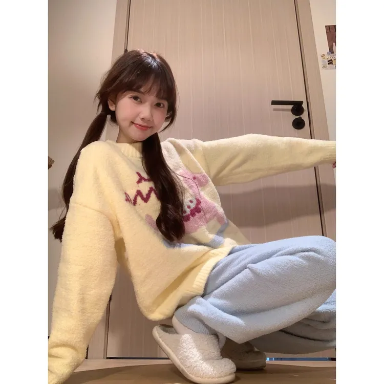 可爱木马半边绒黄色睡衣女生秋冬季新款珊瑚绒家居服加绒保暖套装