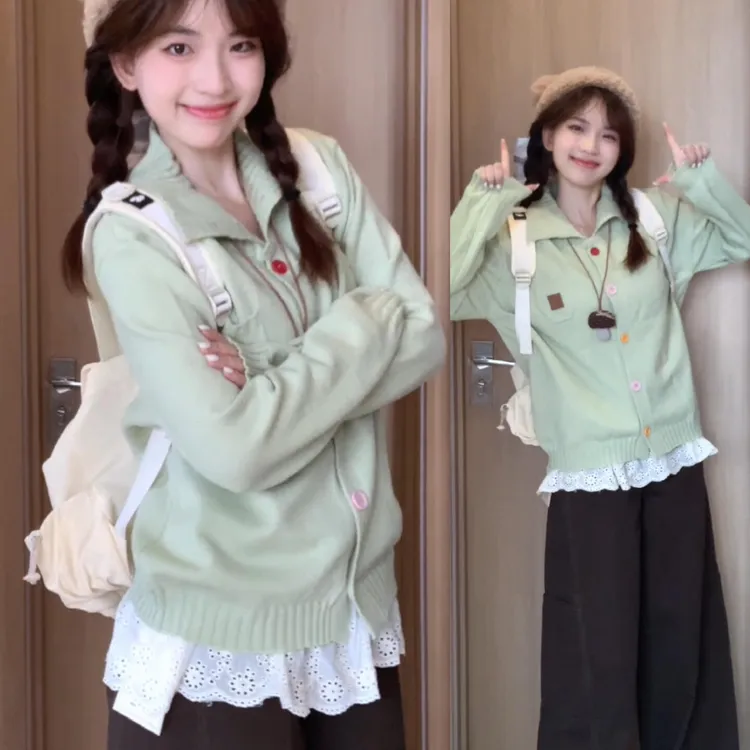 秋日ootd穿搭一整套甜美少女风两件套翻领彩扣针织开衫阔腿裤套装