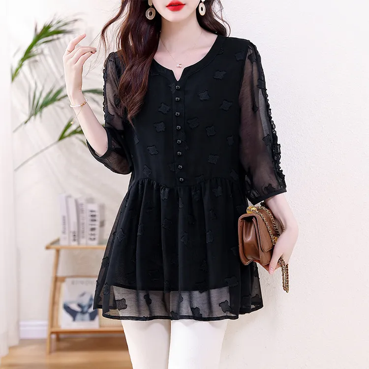 素木提花宽松收腰雪纺衫女2025年新款夏季欧洲站大码中长款上衣