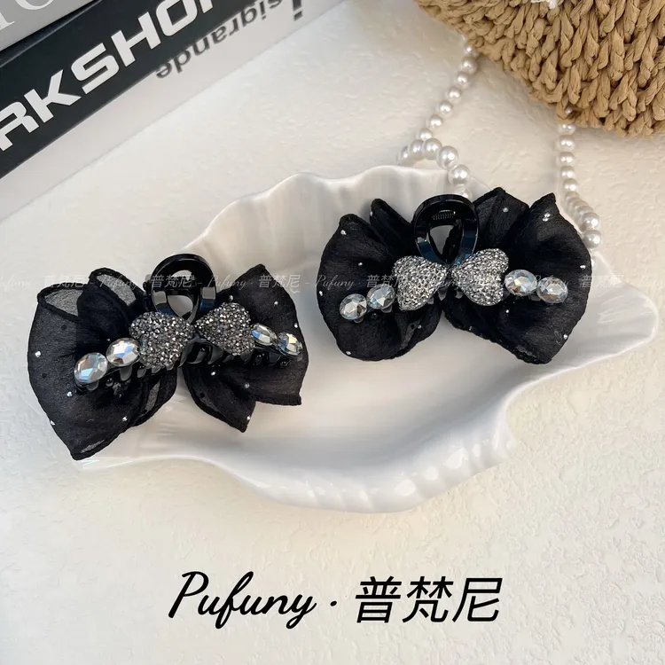 轻奢高级感AB面爱心水钻满天星网纱蝴蝶泡泡抓夹7cm