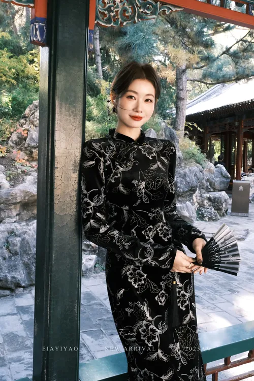 EIA一尧新中式国风【暗香浓】矜贵复古气质旗袍冬季黑色显瘦连衣裙