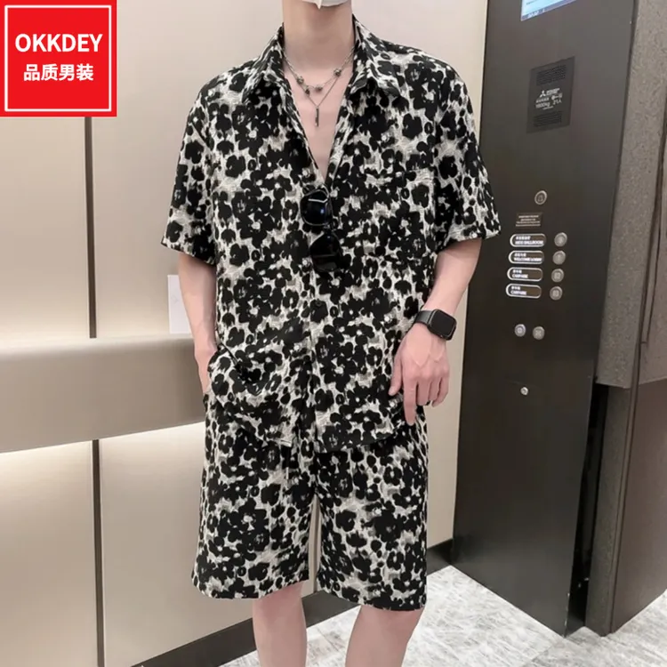 okkdey夏季新款休闲运动套装男士高级感时尚短袖衬衫宽松短裤两件