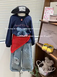 韩系女童2025秋季新款可爱蝴蝶结樱桃印花上衣女宝做旧破洞牛仔裤