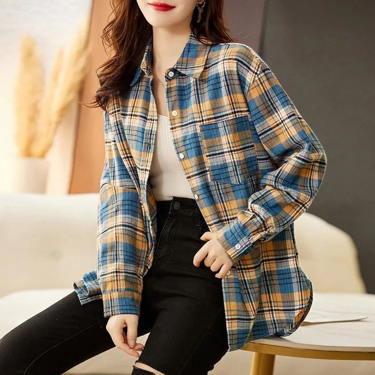 女款棉茧 蓝色格子衬衫女休闲2025春秋新款纯棉通勤春季港味衬衣