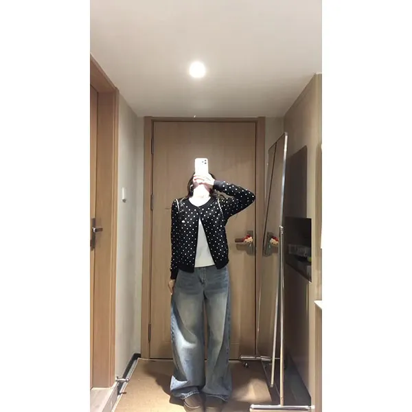 甜美减龄假两件波点针织开衫女2025新款休闲毛衣外套+裤子套装