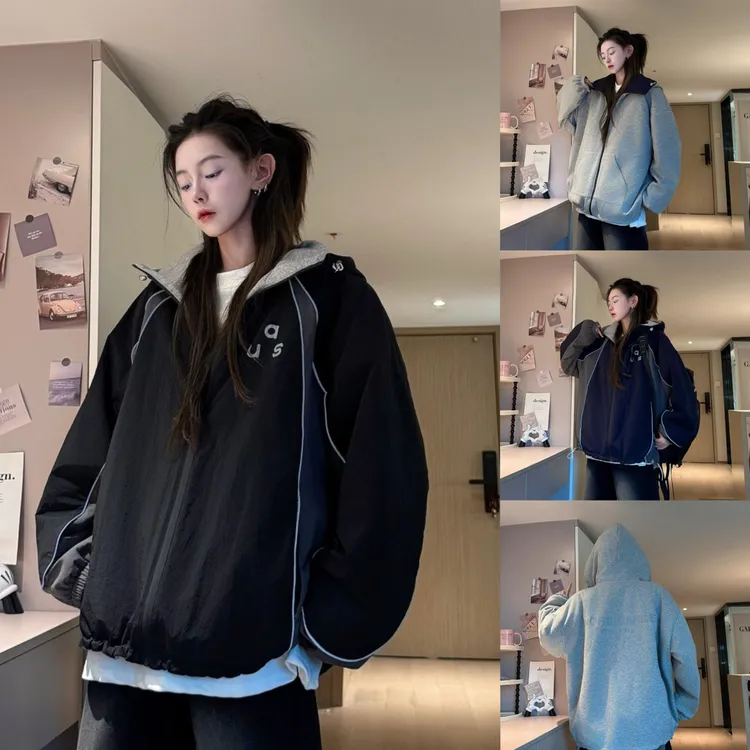 三七-【双面穿】秋季连帽撞色反光条夹克男百搭两面穿卫衣外套