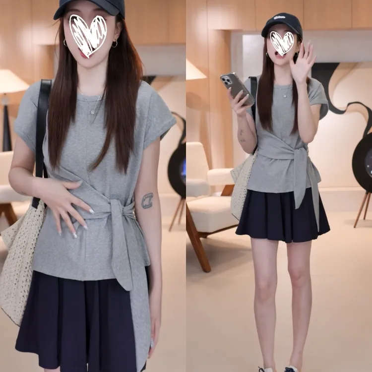 KEKE绑带设计感正肩T恤女夏季新款收腰显瘦修身百搭休闲遮肉上衣