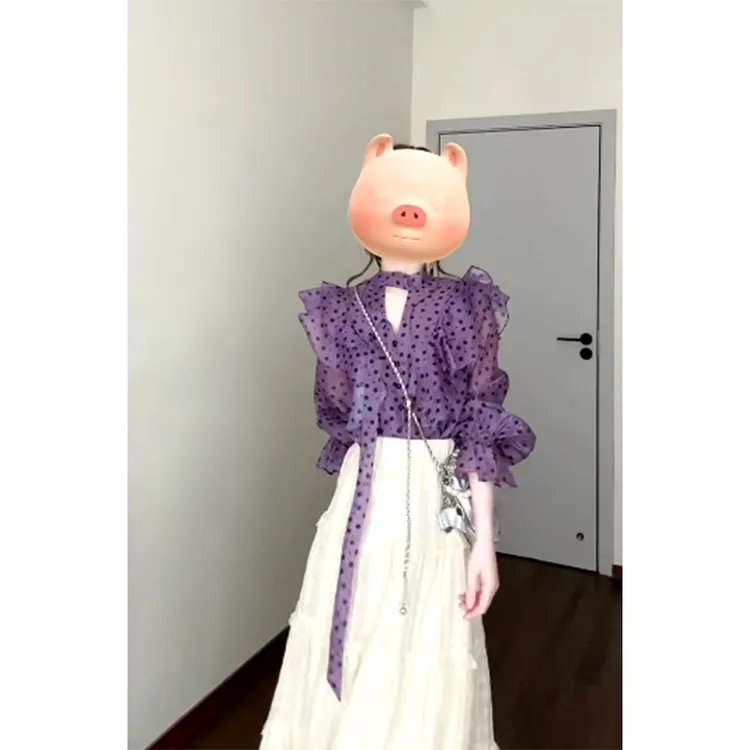 夏季新款休闲百搭时尚设计感波点长袖衬衫上衣高腰修身显瘦半身裙