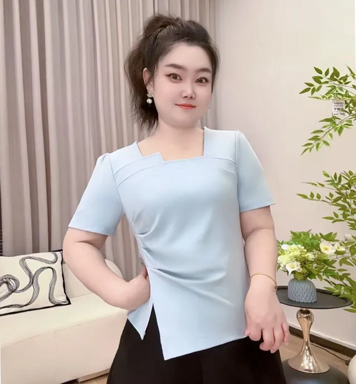 大码不规则设计感正肩短袖t恤女2025新款夏季遮肚子显瘦方领上衣